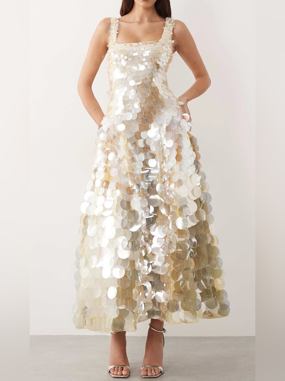 ASOS Arrange sequin embellished square neck full skirt pale yellow dress
